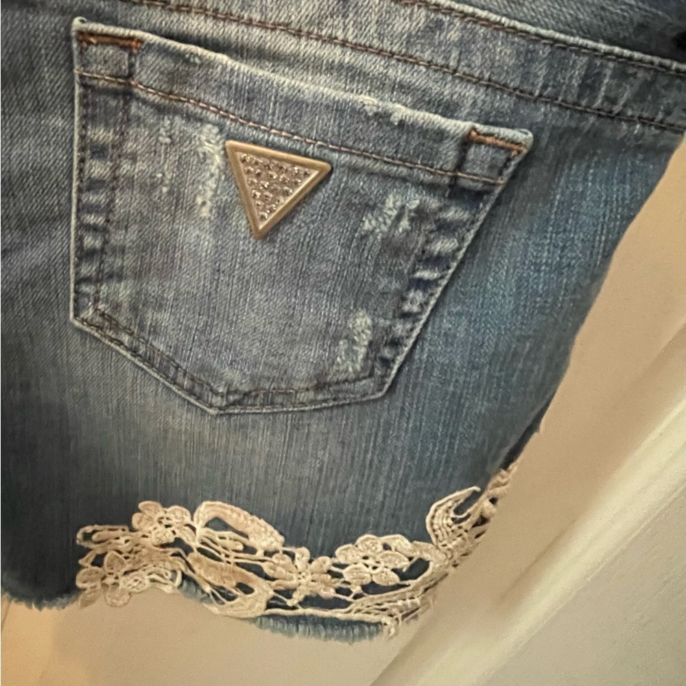 GUESS Women's Blue Denim Shorts with Lace Detail - Picture 4 of 5